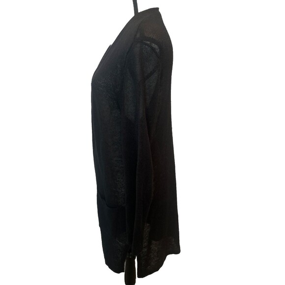 Women’s J. Jill Lightweight Linen Blend Long BLACK Open Front Cardigan Pockets M - Picture 2 of 7